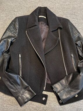 NICHOLAS The Label Black Moto Jacket - Wool body with leather sleeves, Size 8